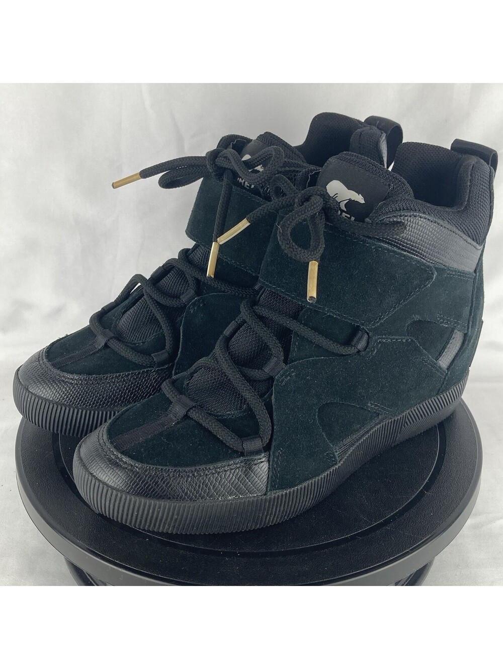 Womens 7.5 SOREL Kinetic Sneaker Boot Wedge Black Suede Leather Shoes NL4928-010
